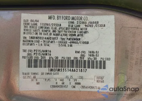 2004 Mercury Sable Ls Premium from USA, damaged, VIN 1MEFM55S14A621817